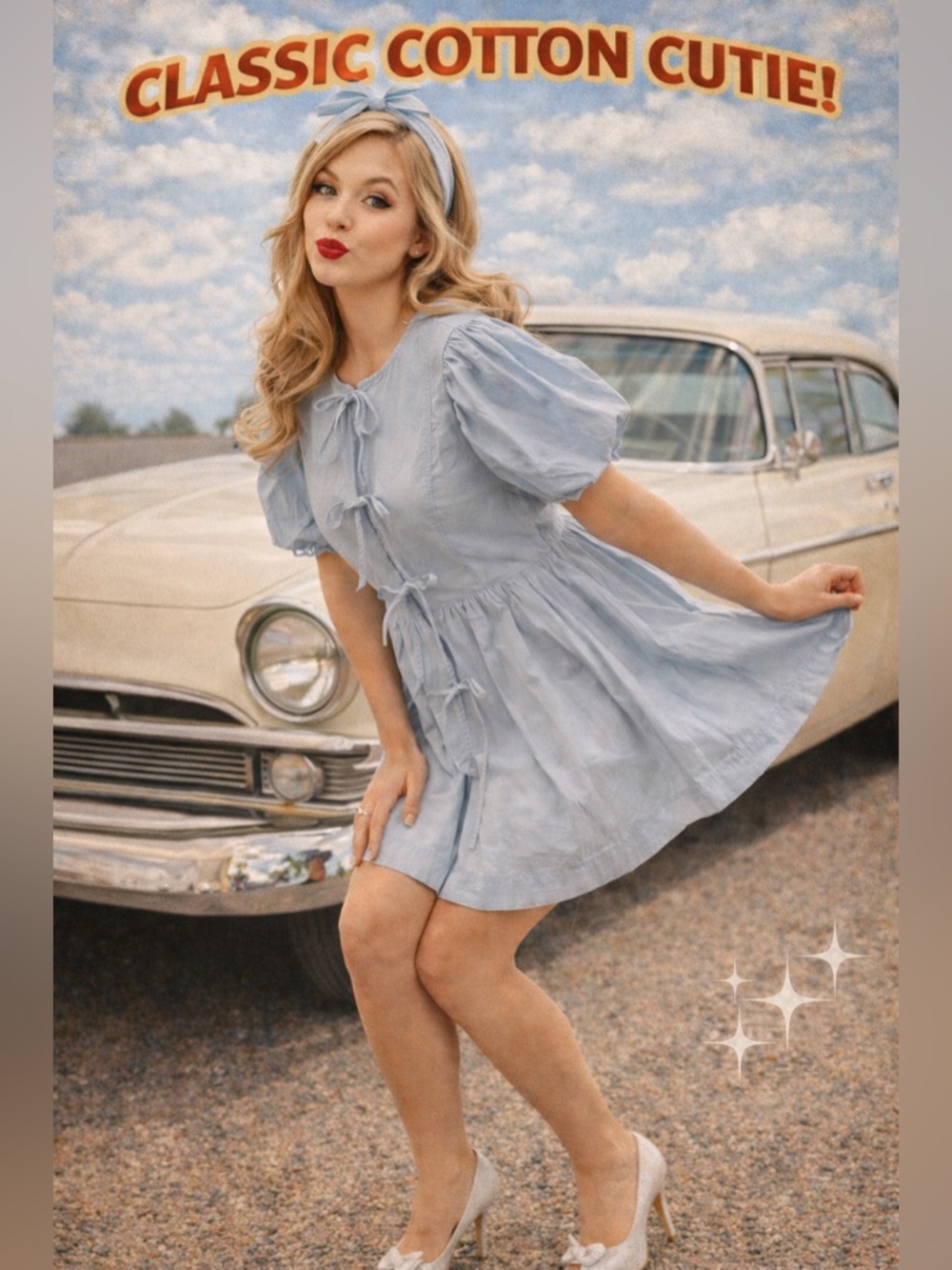 Cotton Light Blue Puff Sleeve Tie-Front Women's short cute dress